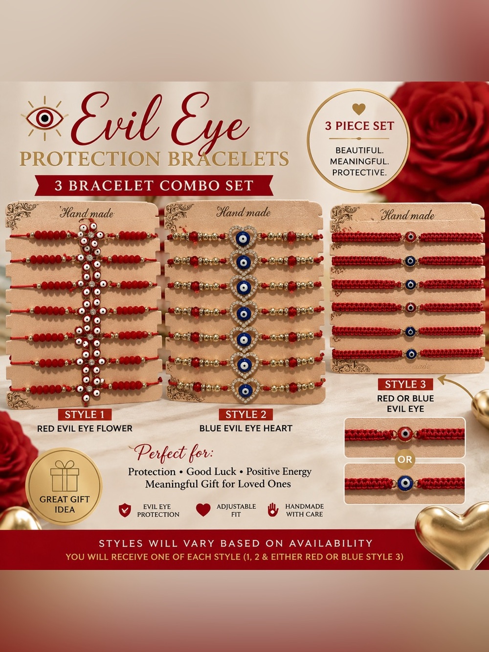 Evil Eye Protection Bracelet 3-Piece Set - Red & Blue Accents